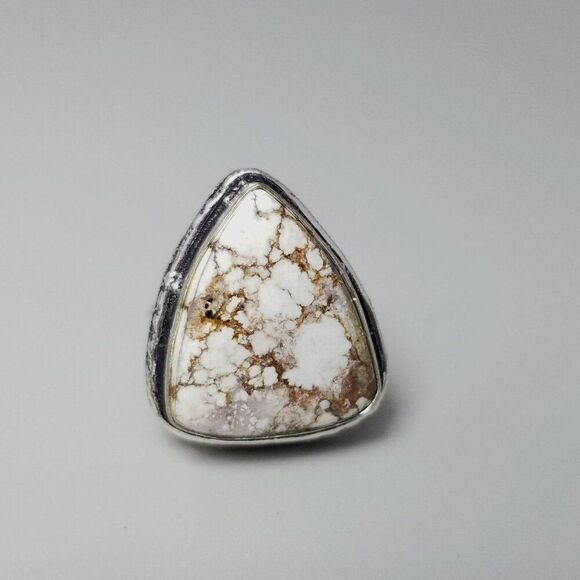 Vintage Marbled Stone Ring, Brown and White Triangle, Bezel Set Silver Tone Band - Picture 8 of 9